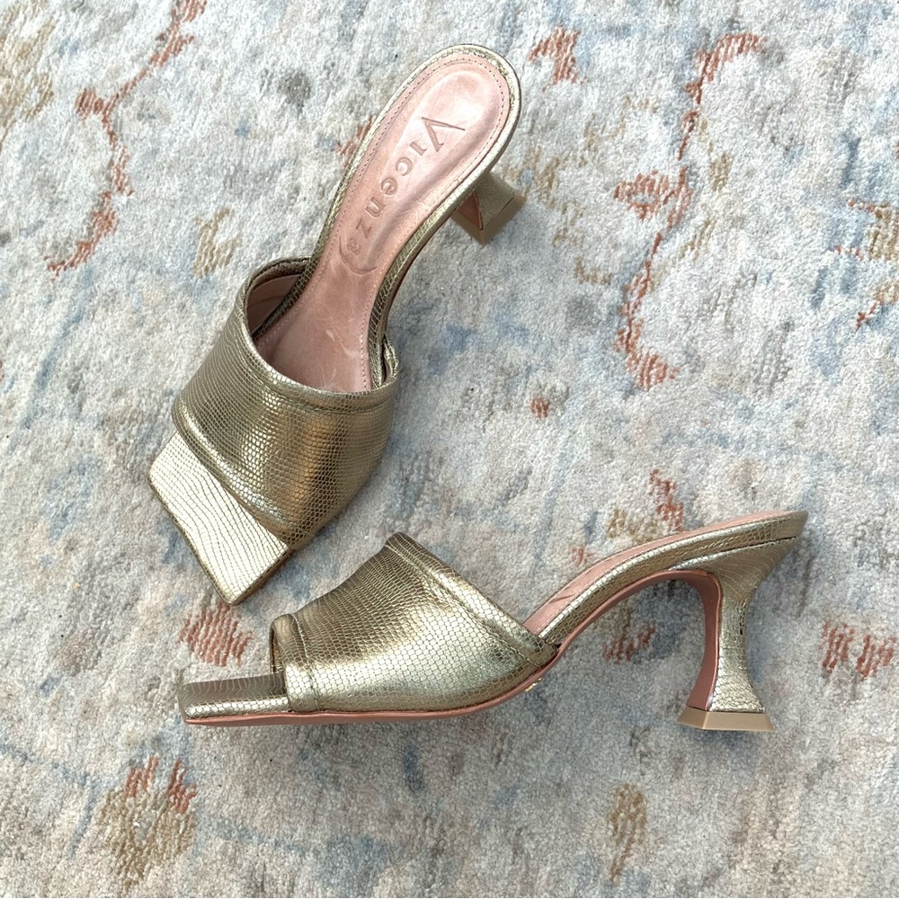Gold Metallic Square-Toe Heel Sandals
